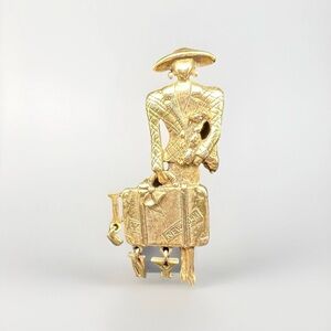 Figural Lady Traveler Brooch Dog Suitcase Gold Tone Vintage Pin AJC 3”